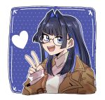  1girl alt_text bangs black_hair blue_background blue_hair brown_coat coat colored_inner_hair english_commentary glasses grey_sweater heart hololive hololive_english looking_at_viewer ministarfruit multicolored_hair official_alternate_costume open_mouth ouro_kronii smile solo sweater turtleneck turtleneck_sweater v virtual_youtuber white_background 