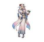  1girl anbe_yoshirou animal_ears ash_(fire_emblem) ash_(new_year)_(fire_emblem) bangs breasts cow_ears cow_horns dark-skinned_female dark_skin earrings fire_emblem fire_emblem_heroes fur-trimmed_kimono fur_trim hagoita hair_tie highres hoop_earrings horns japanese_clothes jewelry kimono long_hair looking_at_viewer medium_breasts official_art paddle sandals smile tabi tail white_background white_hair zouri 