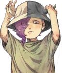  1boy asymmetrical_hair bangs child fake_horns green_shirt hair_over_one_eye hands_on_own_horns hands_up hat highres horned_headwear horns long_bangs looking_at_viewer male_child male_focus one_piece page_one_(one_piece) purple_eyes purple_hair shade shirt shiso_i4 short_hair sketch solo white_background 