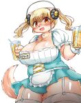  1girl animal_ears apron artist_name blonde_hair blush breasts brown_eyes cleavage commentary_request cosplay cowboy_shot cup drink drinking_straw fang furry furry_female headphones highres holding holding_cup holding_drink jewelry kinokoningen large_breasts long_hair looking_at_viewer name_tag necklace nitroplus open_mouth plump short_sleeves simple_background solo star_(symbol) star_necklace super_pochaco sweat tail tareme thick_thighs thighhighs thighs translation_request twintails waist_apron white_background white_wrist_cuffs wrist_cuffs 