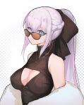  1girl bare_shoulders black_shirt blue_eyes braid breasts brown-tinted_eyewear cleavage fate/grand_order fate_(series) french_braid grey_hair highres large_breasts long_hair looking_at_viewer looking_over_eyewear morgan_le_fay_(fate) ponytail shirt sleeveless sleeveless_shirt sunglasses tinted_eyewear ura_illust 