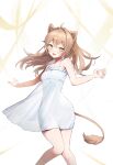  1girl absurdres ahoge animal_ears bangs bare_shoulders blush breasts brown_hair dress feet_out_of_frame hair_intakes highres indie_virtual_youtuber lion_ears lion_girl lion_tail long_hair open_mouth rurudo_lion sleeveless sleeveless_dress small_breasts solo sunano_reona tail virtual_youtuber white_dress 