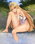  1girl angoha bangs bare_shoulders blonde_hair blush breasts chest_jewel cleavage day flower gem headpiece highres jewelry large_breasts long_hair looking_at_viewer mythra_(radiant_beach)_(xenoblade) mythra_(xenoblade) one-piece_swimsuit outdoors partially_submerged shiny shiny_skin sky solo strapless strapless_swimsuit swept_bangs swimsuit tiara very_long_hair water white_one-piece_swimsuit xenoblade_chronicles_(series) xenoblade_chronicles_2 yellow_eyes 