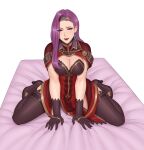  1girl absurdres anonbardos bangs bed bed_sheet blush breasts brown_eyes commission commissioner_upload earrings eyeshadow fire_emblem fire_emblem_echoes:_shadows_of_valentia gloves highres jewelry kneeling large_breasts long_hair looking_at_viewer makeup mature_female non-web_source on_bed purple_hair smile sonya_(fire_emblem) thighhighs tiara 