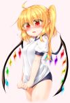  1girl ahoge alternate_costume blonde_hair blush breasts buruma cowboy_shot crystal fang flandre_scarlet gym_uniform hair_between_eyes highres long_hair looking_at_viewer marukyuu_ameya medium_breasts multicolored_wings no_headwear one_side_up open_mouth pink_background pointy_ears puffy_short_sleeves puffy_sleeves red_eyes shiny shiny_hair shiny_skin short_sleeves simple_background skin_fang solo touhou wings 