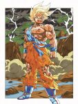  1boy abs blonde_hair boots bruise bruised_chest cloud dragon_ball dragon_ball_z full_body green_eyes highres injury lightning male_focus muscular muscular_male pectorals serious smoke solo son_goku super_saiyan super_saiyan_1 susumu_(rei-h-0701) torn_clothes 