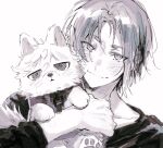  1boy animal animalization blue_lock closed_mouth collar collarbone commentary_request dog half-closed_eyes highres holding holding_animal holding_dog long_sleeves looking_at_viewer male_focus metal_collar mikage_reo monochrome nagi_seishirou portrait shirt short_hair simple_background smile white_background yng_z 
