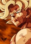  1boy absurdres batm_andrew blonde_hair blood blood_on_face commentary derivative_work disappointed dragon_ball dragon_ball_z english_commentary frown green_eyes highres male_focus manga_panel_redraw portrait solo son_goku super_saiyan super_saiyan_1 sweat watermark 