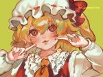  1girl ascot blonde_hair cheek_poking flandre_scarlet garan_co green_background hat index_finger_raised lips looking_at_viewer mob_cap nostrils poking red_eyes simple_background solo touhou white_headwear 