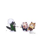  1girl 2boys animal_ears arms_up black_hair black_pants black_scarf blue_coat brown_coat brown_eyes brown_hair chibi coat commentary_request dated fang fox_ears fox_girl fox_tail full_body fushiguro_megumi green_coat green_eyes hamo_art2 holding_snowball itadori_yuuji jujutsu_kaisen korean_commentary kugisaki_nobara long_sleeves looking_at_another multiple_boys open_mouth pants pink_hair red_scarf running scarf short_hair simple_background smile snowball snowball_fight spiked_hair striped striped_scarf tail throwing tiger_boy tiger_ears tiger_tail tongue tongue_out twitter_username undercut white_background wolf_boy wolf_ears wolf_tail yellow_scarf 