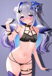  1girl amane_kanata arm_at_side arm_belt arm_tattoo armpit_crease bangs bare_arms bare_shoulders belt belt_collar bikini black_belt black_bikini blue_hair blush breasts buckle collar cowboy_shot crossed_bangs double_bun gradient_eyes grey_hair groin hair_between_eyes hair_bun hair_intakes halo halo_ornament halterneck hand_up harness heart highres hololive lace-trimmed_bikini lace_trim long_hair looking_at_viewer mikumineko multi-strapped_bikini multicolored_eyes multicolored_hair multicolored_wings navel official_alternate_hair_length official_alternate_hairstyle parted_lips purple_background purple_eyes purple_hair purple_thighhighs shadow simple_background skindentation small_breasts solo star_halo stomach streaked_hair string_bikini swimsuit tattoo thigh_strap thighhighs thighs virtual_youtuber wings 