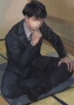  1boy black_hair black_pants black_suit crossed_legs cushion formal hand_on_own_knee highres indoors male_focus mtmr_0721 pants sangatsu_no_lion serious shigeta_morio short_hair solo suit tatami thinking 