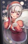  1girl :d absurdres bangs blunt_bangs blush capelet christmas commentary_request cowboy_shot fur-trimmed_capelet fur-trimmed_headwear fur-trimmed_sleeves fur_trim gift_bag grey_hair hat highres hololive horns long_hair long_sleeves looking_at_viewer multicolored_hair nakiri_ayame oni_horns pom_pom_(clothes) rappi red_capelet red_eyes red_hair santa_costume santa_hat smile solo standing streaked_hair virtual_youtuber waving 