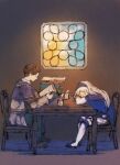  blue_headband book brown_hair gensou_suikoden gensou_suikoden_ii headband klaus_windamier long_hair maekakekamen pale_skin reading short_hair sierra_mikain sitting sleeping white_hair window 