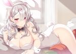  1girl animal_ears bad_id bad_twitter_id bare_shoulders bow bowtie breasts cleavage covered_navel detached_collar fake_animal_ears fake_tail grey_hair hairband large_breasts leotard long_hair looking_at_viewer lying on_stomach original parted_lips rabbit_ears rabbit_tail red_eyes ringozaka_mariko solo strapless strapless_leotard tail thighs white_leotard wrist_cuffs 