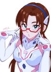  1girl absurdres bangs blue_eyes blush bodysuit breasts brown_hair commentary_request evangelion:_3.0+1.0_thrice_upon_a_time glasses hair_intakes hairband highres interface_headset long_hair looking_at_viewer makinami_mari_illustrious medium_breasts neon_genesis_evangelion pilot_suit plugsuit pointing pointing_at_self rebuild_of_evangelion red-framed_eyewear science_fiction solo tsunemoku twintails white_bodysuit 