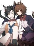  2girls agnes_tachyon_(umamusume) ahoge air_shakur_(umamusume) alternate_costume anger_vein animal_ears bangs black_hair blue_neckerchief bow bowtie breasts brooch brown_hair collar collared_shirt corset english_text eyebrow_piercing halloween highres horse_ears horse_girl horse_tail jewelry long_hair looking_at_another motion_lines multiple_girls neckerchief open_mouth orange_eyes paw_shoes piercing rokumijio_maru sharp_teeth shirt shorts shrug_(clothing) sitting skirt sleeves_past_fingers sleeves_past_wrists small_breasts smile tail teeth umamusume upper_teeth_only v-shaped_eyebrows white_shirt yellow_eyes 