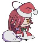  agasunott ahoge bag christmas dress gift_bag hair_over_one_eye hat highres holding holding_bag indie_virtual_youtuber long_hair meme nerd_(vtuber) padoru_(meme) red_dress red_hair santa_costume santa_hat smile star-shaped_pupils star_(symbol) symbol-shaped_pupils virtual_youtuber white_background yellow_eyes 