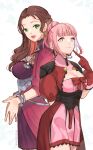  2girls :d blue_hair blush bracelet braid breasts brown_hair cleavage closed_mouth colored_inner_hair cowboy_shot dorothea_arnault dress earrings fire_emblem fire_emblem:_three_houses fire_emblem_warriors:_three_hopes floating_hair gloves green_eyes highres hilda_valentine_goneril jewelry kh_(tanakananataka) large_breasts long_hair looking_at_viewer multicolored_hair multiple_girls official_alternate_costume official_alternate_hairstyle open_mouth pink_dress pink_eyes pink_hair red_gloves red_hair shiny shiny_hair short_dress simple_background smile standing two-tone_hair underbust white_background 