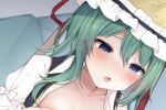  1girl asymmetrical_hair blue_eyes blush commission frilled_hat frills green_hair hat karasusou_nano long_sleeves open_mouth shiki_eiki short_hair skeb_commission solo touhou upper_body 