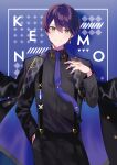  1boy bangs black_jacket earrings green_eyes hair_between_eyes highres jacket jewelry kenmochi_touya long_sleeves looking_at_viewer necktie nijisanji open_clothes open_jacket overalls pants purple_hair saine shirt smile solo suspenders virtual_youtuber 