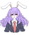  1girl animal_ears bangs black_jacket blazer fumomono hair_between_eyes highres jacket long_hair long_sleeves looking_at_viewer necktie open_mouth purple_hair rabbit_ears rabbit_girl red_eyes red_necktie reisen_udongein_inaba shirt simple_background solo touhou upper_body white_background white_shirt 