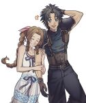  1boy 1girl aerith_gainsborough arm_behind_head arm_hug bangs bare_shoulders belt black_hair blue_eyes blush braid braided_ponytail brown_hair closed_eyes couple cowboy_shot crisis_core_final_fantasy_vii dress english_commentary final_fantasy final_fantasy_vii gloves hair_ribbon happy height_difference hetero highres long_hair looking_at_another open_mouth parted_bangs parted_lips pink_ribbon ribbon sidelocks simple_background sleeveless sleeveless_dress smile spiked_hair sweater sylvthea teeth turtleneck turtleneck_sweater undershirt upper_teeth_only white_background zack_fair 