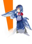  1girl animal_ears bird_ears bird_legs bird_tail bird_wings blue_feathers blue_hair blue_serafuku blue_skirt blue_wings choker commentary feather_hair feathered_wings feathers grey_eyes harpy highres long_hair looking_at_viewer miura_(rnd.jpg) monster_girl orange_background original pleated_skirt rnd.jpg_(artist) scarf school_uniform serafuku shadow skirt solo tail talons twitter_username white_background winged_arms wings 