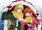  1990s_(style) 1boy 1girl black_headband blue_eyes casual christmas couple earrings fur_trim gourry_gabriev hair_over_one_eye headband hetero highres jewelry lina_inverse long_hair maria_carmen_galan merry_christmas orange_hair red_eyes retro_artstyle scarf shared_clothes shared_scarf slayers snow 