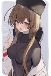  1girl black_headwear black_shirt blush breasts brown_eyes brown_hair dated fur_hat hair_between_eyes hair_ornament hairclip hat highres index_finger_raised kantai_collection long_hair long_sleeves medium_breasts one-hour_drawing_challenge open_mouth papakha picoli1313 shirt smile solo tashkent_(kancolle) twitter_username upper_body 
