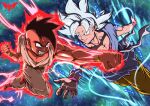  2boys absurdres aura batm_andrew black_hair clenched_teeth commentary dark-skinned_male dark_skin dougi dragon_ball dragon_ball_gt dragon_ball_super english_commentary furrowed_brow grey_eyes grey_hair highres kaiouken male_focus multiple_boys muscular muscular_male punching red_eyes serious smile son_goku teeth ultra_instinct uub wristband 