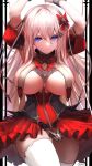  1girl absurdres arms_up ass_visible_through_thighs azur_lane between_breasts blue_eyes bound bound_wrists breast_curtains breasts cuffs dress elbow_pads fortune_(azur_lane) fortune_(meta)_(azur_lane) frilled_skirt frills hair_between_eyes hair_ribbon highres large_breasts light_brown_hair long_hair red_dress restrained ribbon shackles skirt solo ta1sh1 thigh_gap thighhighs white_thighhighs 