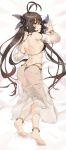  1girl antenna_hair barefoot blush breasts brown_hair dakimakura_(medium) feet full_body girls&#039;_frontline harem_outfit highres lemures long_hair lying m14_(girls&#039;_frontline) medium_breasts on_stomach see-through see-through_sleeves solo toes twintails very_long_hair yellow_eyes 