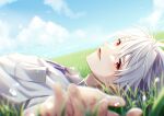  1boy :d bangs bishounen blurry blurry_foreground cloud day emu_(ain54971) from_side grass grey_hair hair_between_eyes highres lying male_focus nagisa_kaworu neon_genesis_evangelion on_back open_mouth outdoors red_eyes shirt short_hair smile solo upper_body white_shirt 