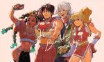  2boys 2girls arm_around_shoulder biceps blonde_hair bow brown_hair crossed_arms dark-skinned_female dark_skin final_fight final_fight_2 genryuusai_maki grey_hair group_picture guy_(final_fight) hair_bow happy_birthday kimberly_(street_fighter) kino_(af95221241) multiple_boys multiple_girls ninja open_mouth ponytail selfie sideburns smile street_fighter street_fighter_6 street_fighter_v trait_connection zeku 