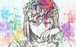  1girl bob_cut braid buchu14569590 choker closed_mouth collarbone colorful dripping head_wreath holding holding_paintbrush long_sleeves mitasarenai_pale_color_(project_sekai) monochrome paint_splatter paintbrush project_sekai serious shinonome_ena short_hair solo v-shaped_eyebrows 