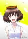  1girl :d absurdres akiyama_yukari arm_behind_back bangs bare_arms brown_eyes brown_hair collared_shirt dandelion_seed dress_shirt flower girls_und_panzer hair_between_eyes hair_flower hair_ornament head_wreath highres looking_at_viewer medium_hair mushinosuke open_mouth shiny shiny_hair shirt sleeveless sleeveless_shirt smile solo upper_body white_shirt wing_collar yellow_flower 