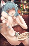 1girl animal_ears barefoot blue_hair carrot christmas_tree cookie evil_grin evil_smile feet finger_to_mouth food foot_focus grin highres hololive nail_polish no_panties rabbit_ears smile soles solo spread_toes toenail_polish toenails toes usada_pekora user_wyzh2872 virtual_youtuber 