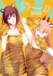  2girls absurdres animal_ears animal_hands animal_print bangs chainsaw_man claw_pose dress fake_animal_ears fake_tail hair_between_eyes highres horns long_hair looking_at_viewer makima_(chainsaw_man) medium_hair multiple_girls open_mouth orange_eyes pink_hair power_(chainsaw_man) red_hair red_horns ringed_eyes sharp_teeth sidelocks strapless strapless_dress sunburst tail teeth tiger_print toukaairab two-tone_background yellow_eyes 