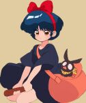  1girl bag blue_hair bow cosplay kiki_(majo_no_takkyuubin) kiki_(majo_no_takkyuubin)_(cosplay) majo_no_takkyuubin orange_bag p-chan pig ranma_1/2 red_bow sanamaru_(sana79261827) simple_background sketch smile studio_ghibli tendou_akane witch 