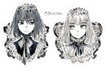  1boy ascot bangs character_name cloak cropped_torso crown dark_persona diamond_hairband dual_persona fate/grand_order fate_(series) glaring highres looking_at_another male_focus medium_hair monochrome oberon_(fate) spoilers tetsujima 