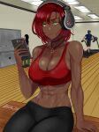  1girl 1other abs bench black_pants breasts ceiling ceiling_light cellphone cleavage dark-skinned_female dark_skin exercise exercise_machine fingernails green_eyes gym headphones highres holding holding_phone indoors jewelry large_breasts lights lips looking_at_phone muscular muscular_female original pants pendant phone red_hair red_nails red_sports_bra resting sacrokies short_hair signature sitting smartphone sports_bra stained_clothes sweat sweaty_clothes tan very_dark_skin wooden_bench wooden_floor yoga_pants 