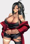  1girl absurdres bangs bare_shoulders black_hair black_pants black_tank_top blonde_hair body_markings breasts bubble_blowing cleavage collarbone dark-skinned_female dark_skin ear_piercing grey_background hair_ornament half_updo hand_on_hip highres huge_breasts hz_(murder_license_) jacket long_hair looking_at_viewer midriff multicolored_hair multiple_piercings navel off_shoulder original pants parted_lips piercing red_eyes red_jacket sideboob solo streaked_hair swept_bangs tan tank_top tanlines thighs torn_clothes torn_pants 