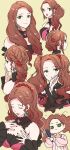 1girl :d :o alternate_hairstyle black_choker black_sleeves blue_gemstone brown_hair brushing_hair choker closed_eyes closed_mouth detached_sleeves dorothea_arnault earrings fire_emblem fire_emblem:_three_houses gem green_eyes highres jewelry kh_(tanakananataka) long_hair long_sleeves looking_at_viewer multiple_views open_mouth outline profile shiny shiny_hair smile 