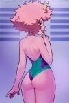  1girl alternate_costume ashido_mina ass black_sclera boku_no_hero_academia breasts colored_sclera colored_skin commentary cowboy_shot english_commentary finger_to_mouth from_behind highres horns leotard loodncrood looking_at_viewer open_mouth pink_hair pink_skin short_hair shushing smile solo standing strapless strapless_leotard tongue tongue_out yellow_eyes 