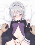  1boy 1girl bangs bed_sheet black_thighhighs blush breasts commentary covered_nipples cropped darker_than_black front_slit grey_hair hair_between_eyes hair_ribbon hands_on_another&#039;s_knees hetero high_ponytail highres implied_sex long_sleeves lying m_legs missionary navel nonono_(mino) on_back out-of-frame_censoring parted_lips pillow pillow_grab pink_eyes pov pov_hands ribbon small_breasts solo_focus spread_legs sweat thighhighs trembling yin_(darker_than_black) 