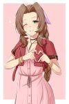  1girl ;) absurdres aerith_gainsborough artist_name bracelet braid brown_hair collarbone commentary cropped_jacket dress english_commentary final_fantasy final_fantasy_vii final_fantasy_vii_remake green_eyes hair_intakes hair_ribbon heart heart_hands highres jacket jewelry long_hair looking_at_viewer one_eye_closed outline parted_lips pink_background pink_dress pink_ribbon raion_(raionart) red_jacket ribbon short_sleeves simple_background single_braid smile solo very_long_hair white_outline 