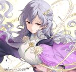  1girl bangs cape closed_mouth deirdre_(fire_emblem) dress fire_emblem fire_emblem:_genealogy_of_the_holy_war fire_emblem_heroes floating_hair flower gem green_gemstone grey_hair hair_between_eyes hair_ornament half-closed_eyes haru_(nakajou-28) highres long_hair pink_cape purple_eyes shiny shiny_hair solo twitter_username upper_body very_long_hair white_background white_dress white_flower 