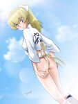  1girl absurdres ass blonde_hair blush breasts carpaccio_(girls_und_panzer) closed_mouth fundoshi girls_und_panzer green_eyes hair_ribbon highres hiyama_yuu_(wee259hiyama) japanese_clothes long_hair medium_breasts outdoors ponytail ribbon shiny shiny_hair shiny_skin signature solo yamakasa 