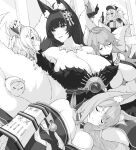  &gt;_&lt; +_+ 6+girls :d :o animal_ear_fluff animal_ears azur_lane bangs bare_shoulders between_breasts blunt_bangs bottle breasts cleavage closed_eyes closed_mouth collarbone commentary_request crop_top detached_sleeves facial_mark fox_ears fox_girl fox_tail fur-trimmed_kimono fur_trim furutaka_(azur_lane) hair_between_eyes hair_ornament hat highres holding holding_bottle huge_breasts hyuuga_(azur_lane) jacket japanese_clothes jewelry kimono laffey_(azur_lane) lap_pillow large_breasts large_tail long_hair looking_at_another low_neckline magatama magatama_necklace manjuu_(azur_lane) midriff miyuki_(azur_lane) miyuki_(shopping_rendezvous)_(azur_lane) monochrome multiple_girls multiple_tails musashi_(azur_lane) navel neckerchief_between_breasts necklace open_mouth piwka pleated_skirt retrofit_(azur_lane) sailor_collar shinano_(azur_lane) sidelocks sitting skirt sleeping smile standing tail twintails very_long_hair whisker_markings white_tail 